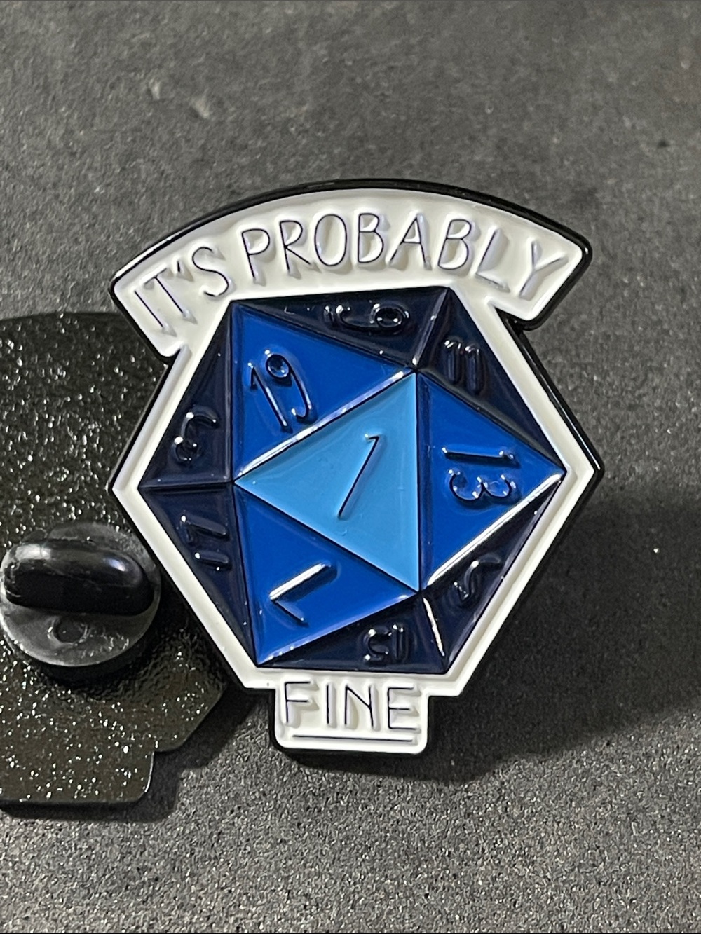 Dungeons and dragons DND dice. “It’s probably fine” enamel metal pin.